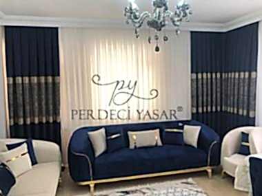 Salon Perdesi Lacivert Beyaz Geçişli Desenli Modern Perde