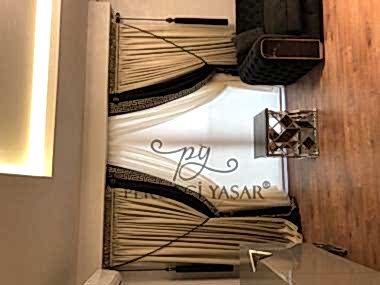 Salon Perdesi Siyah Desenli Haki Renkli Modern Perde